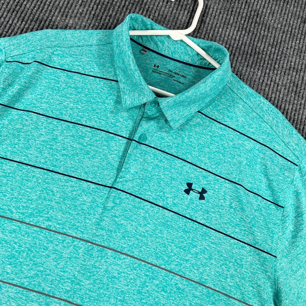 Under Armour Polo Shirt Mens 2XL XXL Green Striped Heat Gear Loose Fit Golf